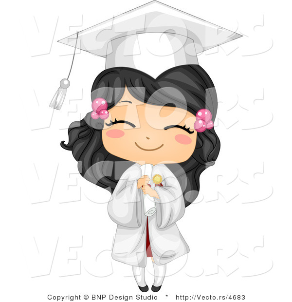 Vector Cartoon of Happy Graduating Girl Holding Her Diploma and Smiling