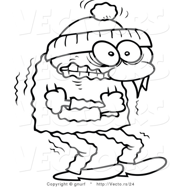 Vector Line Drawing of a Cold Guy Shivering Outside in Winter Weather