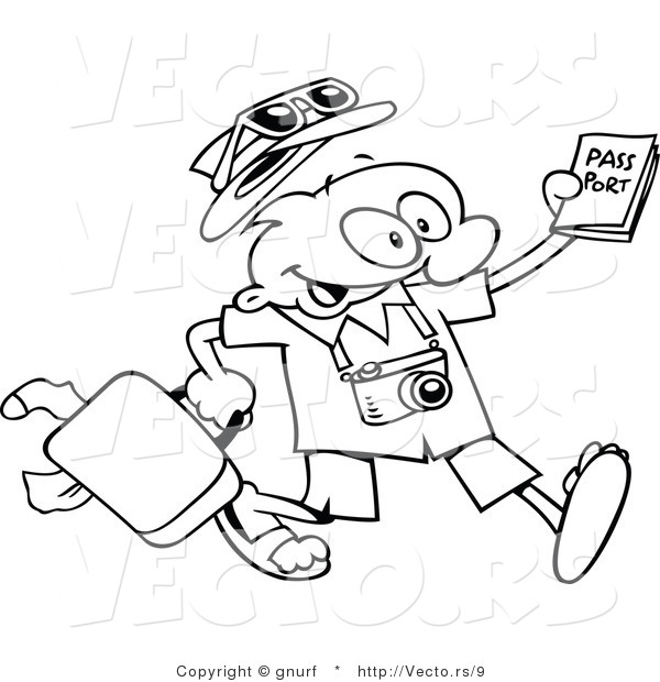 Vector Line Drawing of a Happy Cartoon Traveling Guy Carrying Luggage and Passport