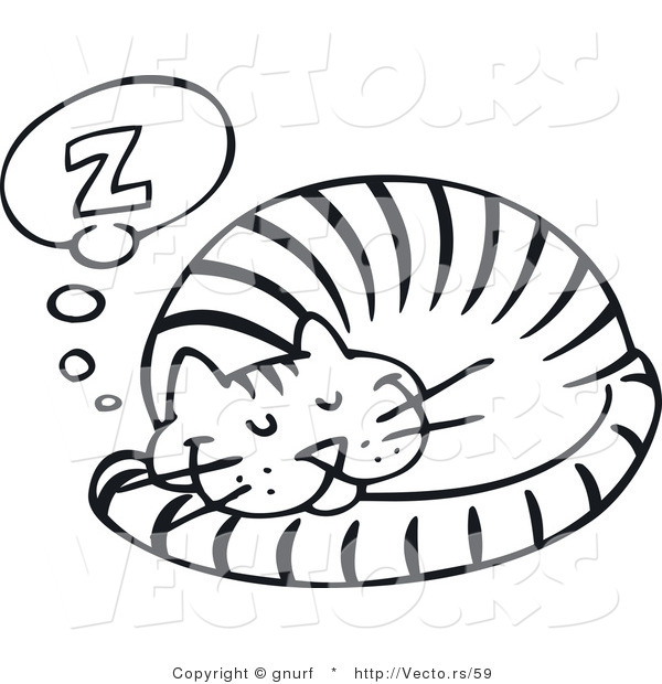 Vector Line Drawing of a Happy Cat Sleeping Comfortably