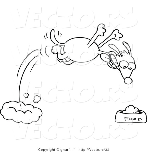 Vector Line Drawing of a Hungry Dog Racing Towards a Bowl Full of Food