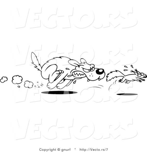 Vector Line Drawing of a Vicious Cartoon Dog Chasing a Squirrel