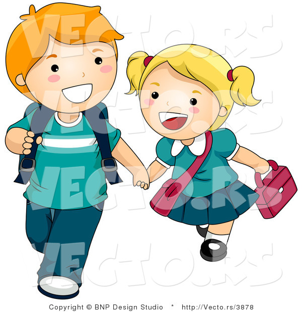 Vector of 2 Cartoon Kids Holding Hands and Walking to School