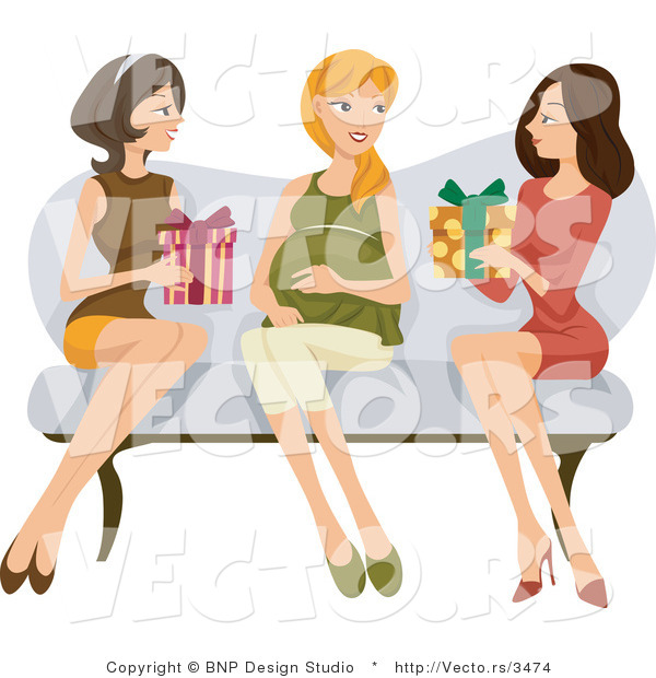 Vector of 2 Young Ladies Giving Their Pregnant Friend Presents at a Baby Shower
