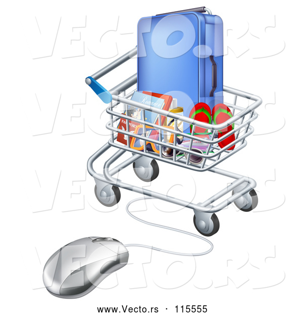 Vector of 3d Computer Mouse Connected to a Shopping Cart Full of Luggage and Travel Items