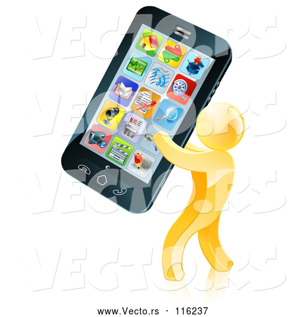 Vector of 3d Gold Guy Carrying a Giant Cell Phone