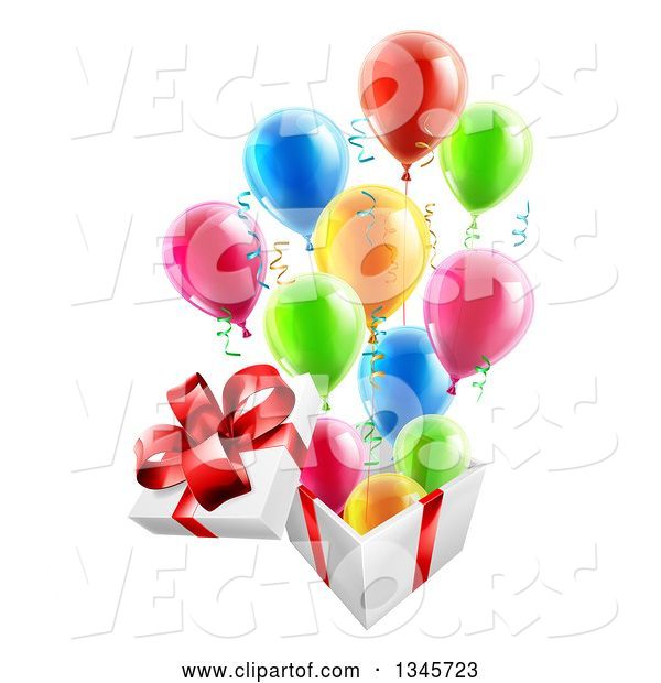 Vector of 3d Open Gift Box with Streamers and Colorful Party Balloons