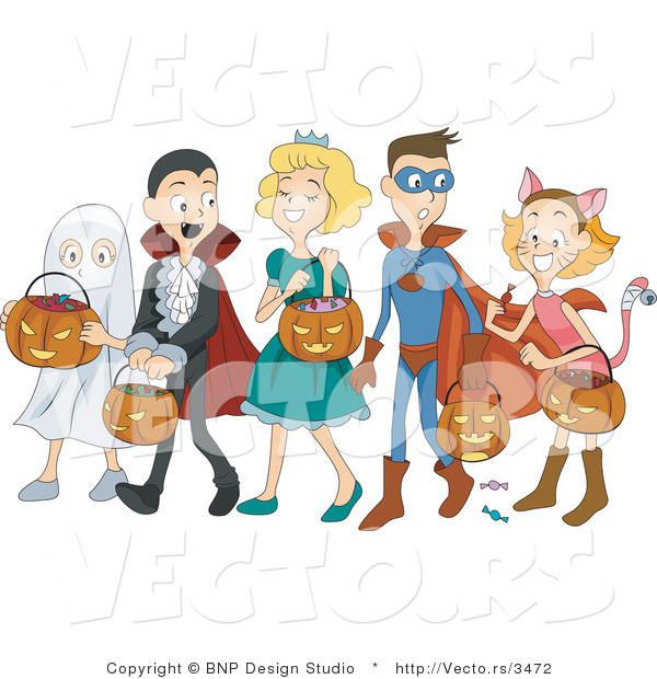 Vector of 5 Happy Kids Trick or Treating