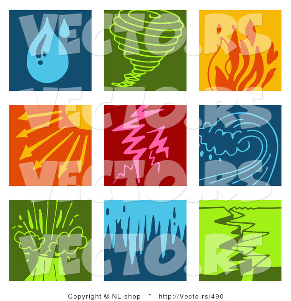 Vector of 9 Weather Icons: Rain, Tornado, Fires, Sunny, Lightning, Tsunami, Volcano, Flood, and Earthquake