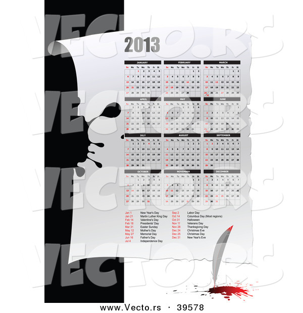 Vector of a 2013 Calendar with a Feather Quil and Ink