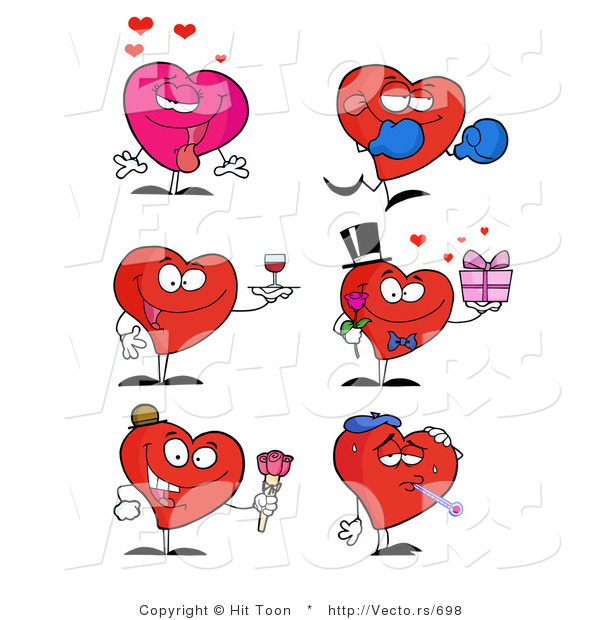Vector of a 6 Unique Cartoon Love Heart Characters in Different Poses and Situations