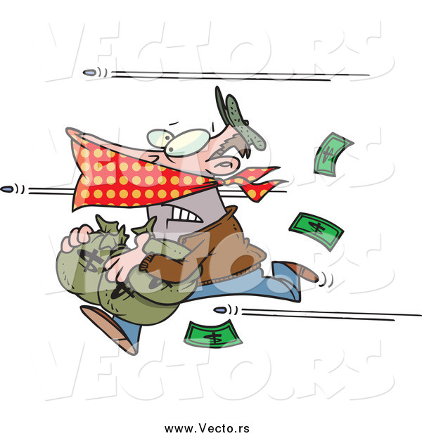 Vector of a Bank Robber Running with Money, Bullets Flying past