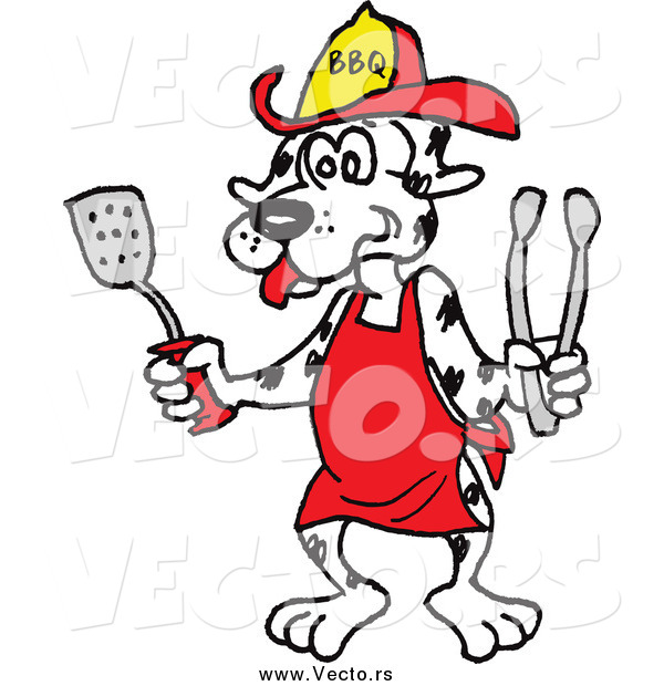 Vector of a BBQ Dalmatian Dog Wearing an Apron and Holding a Spatula and Tongs