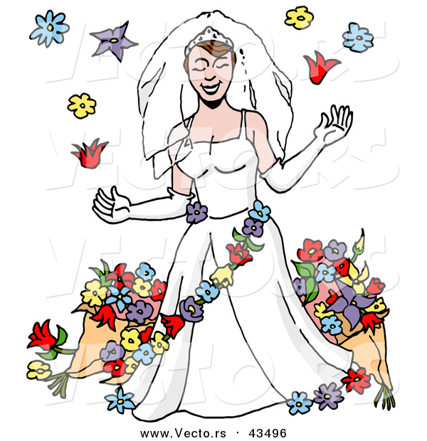 Vector of a Beautiful White Bride in a White Gown and Gloves, Wearing a Veil and Garland, Surrounded by Flowers