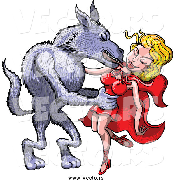 Vector of a Big Bad Wolf Taking Red Riding Hood into His Arms and Kissing Her