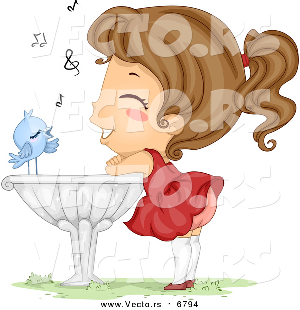 Vector of a Bird Serenading a Happy Young Girl Leaning on a Bird Bath - Cartoon Style