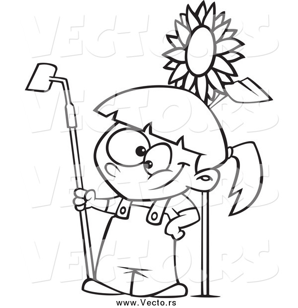 Vector of a Black and White Gardening Girl by a Sunflower