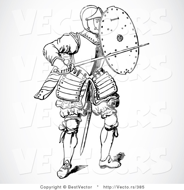 Vector of a Black and White Historic Knight with a Shield and Sword