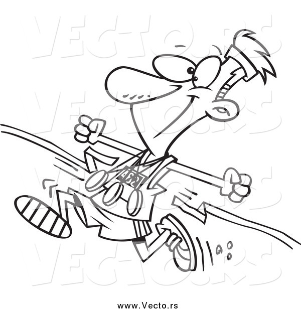 Vector of a Black and White Marathon Runner Man Breaking Through a Finish Line with Multiple Medals