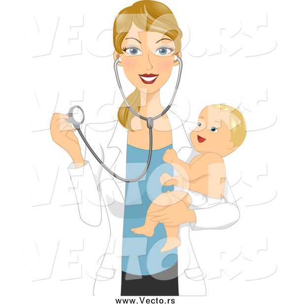 Vector of a Blond White Female Pediatric Doctor Holding a Happy Baby and Stethoscope