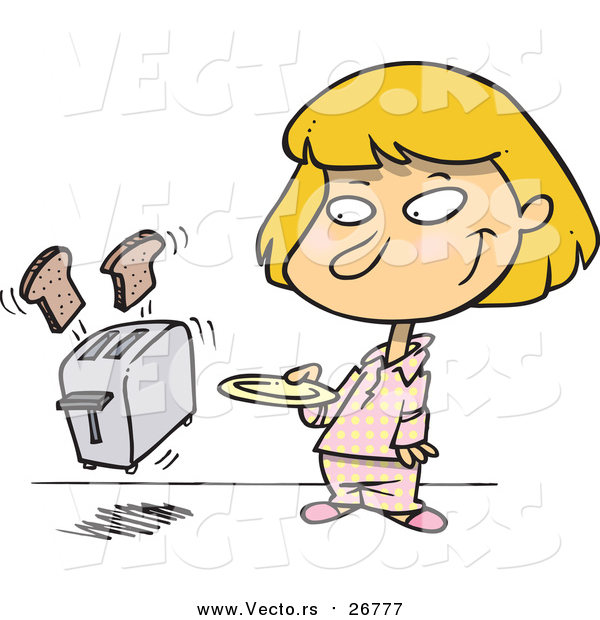 Vector of a Blond White Girl Holding a Plate to Catch Bread Coming out of a Toaster