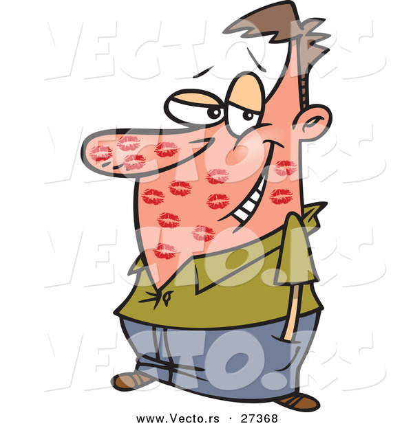 Vector of a Blushing Cartoon Man Covered with Lipstick Kisses All over His Face