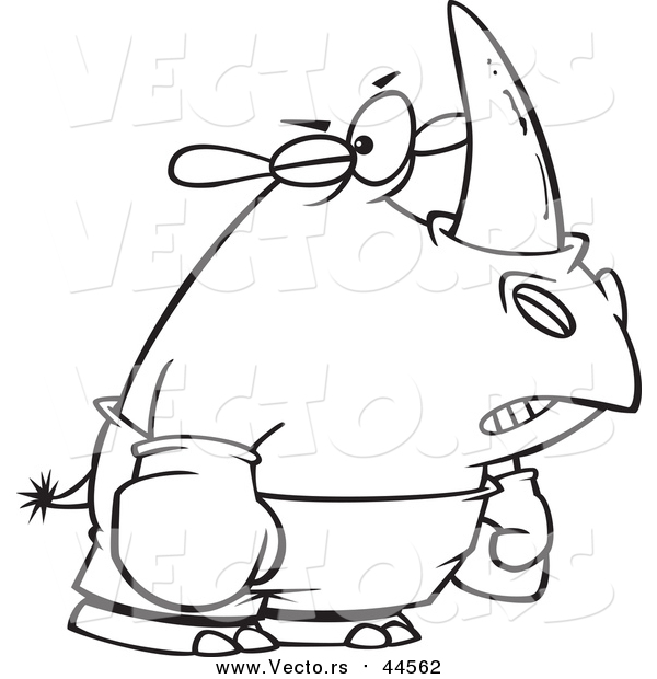 Vector of a Boxer Rhino with One Eye Swollen Shut - Black Outline Cartoon Style