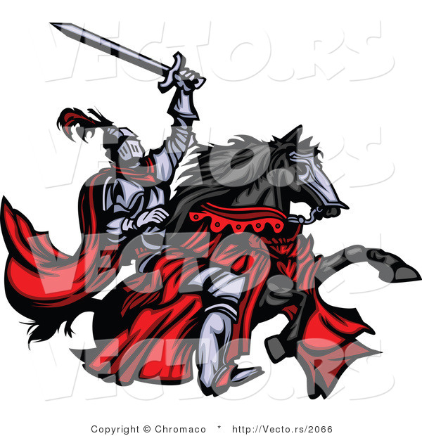 Vector of a Brave Medieval Knight Rearing up on His Black Horse While Holding a Sword into the Air