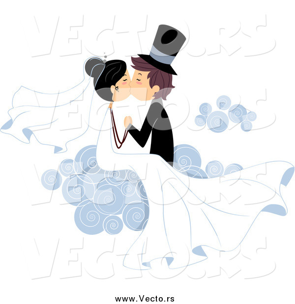 Vector of a Bride and Groom Smooching on a Cloud