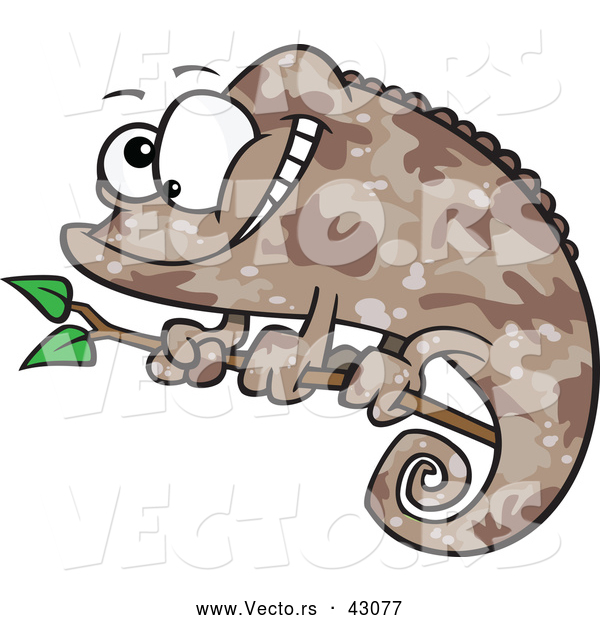 Vector of a Brown Camouflage Cartoon Chameleon Lizard Smiling on a Branch