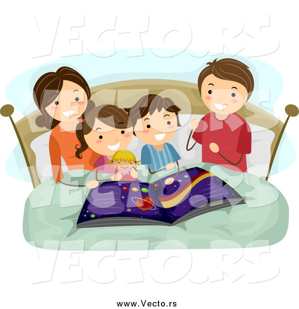 Vector of a Brunette Caucasian Mother Reading an Astronomy Book to Her Kids at Bed Time