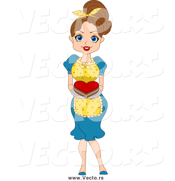 Vector of a Brunette Woman Serving a Valentine Heart Cake
