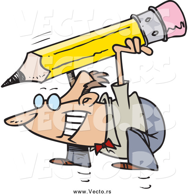 Vector of a Business Man Excitedly Jumping with a Giant Pencil