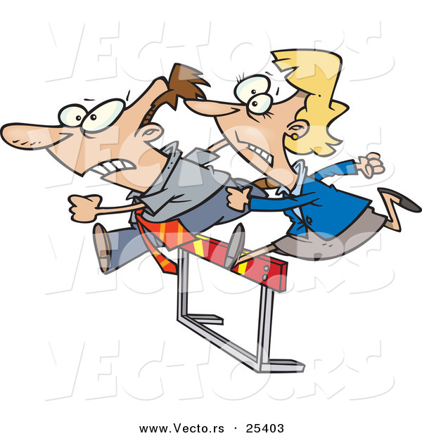 Vector of a Businessman and Businesswoman Jumping over Hurdles While Racing Each Other