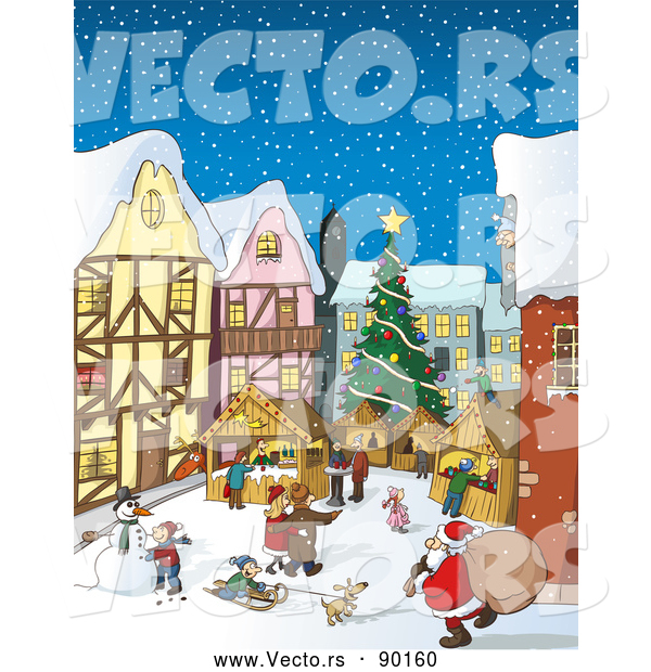 Vector of a Bustling Christmas Market with Santa and Winter Scene