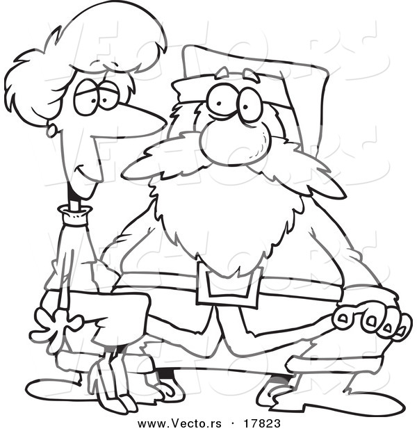 Vector of a Cartoon Adult Woman Sitting on Santas Lap - Outlined Coloring Page