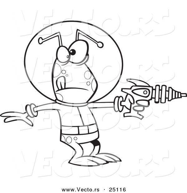 Vector of a Cartoon Alien Invader Pointing a Ray Gun - Coloring Page Outline