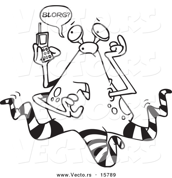 Vector of a Cartoon Alien Using a Cell Phone - Outlined Coloring Page Drawing