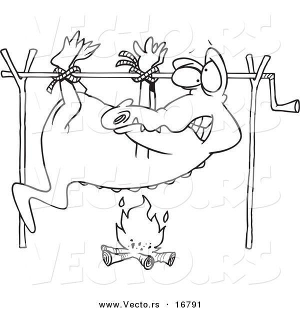 Vector of a Cartoon Alligator Cooking over a Camp Fire - Coloring Page Outline