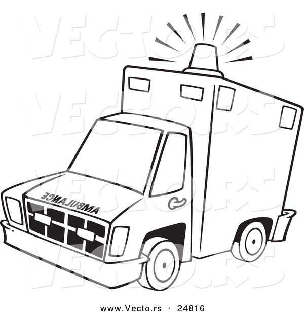 Vector of a Cartoon Ambulance with Lit Siren Light - Outlined Coloring Page