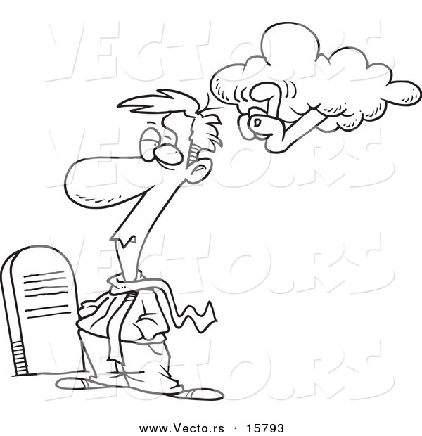 Vector of a Cartoon Ancestral Cloud Tapping a Man in a Graveyard - Outlined Coloring Page Drawing