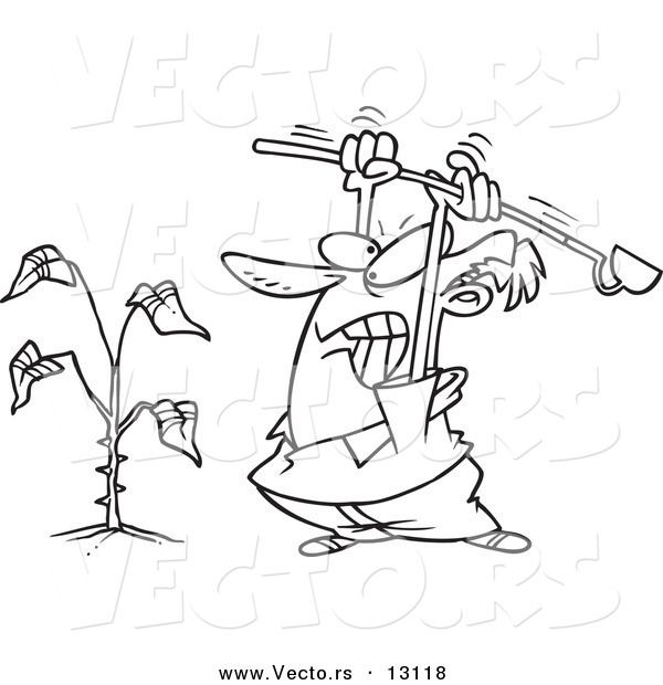 Vector of a Cartoon Angry Mad Beating a Weed - Coloring Page Outline