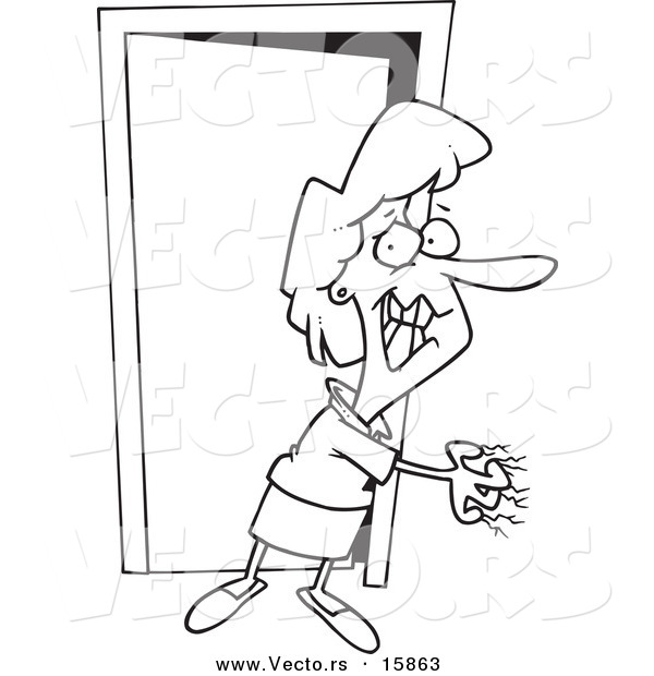 Vector of a Cartoon Anxious Girl Scratching a Wall - Outlined Coloring Page Drawing