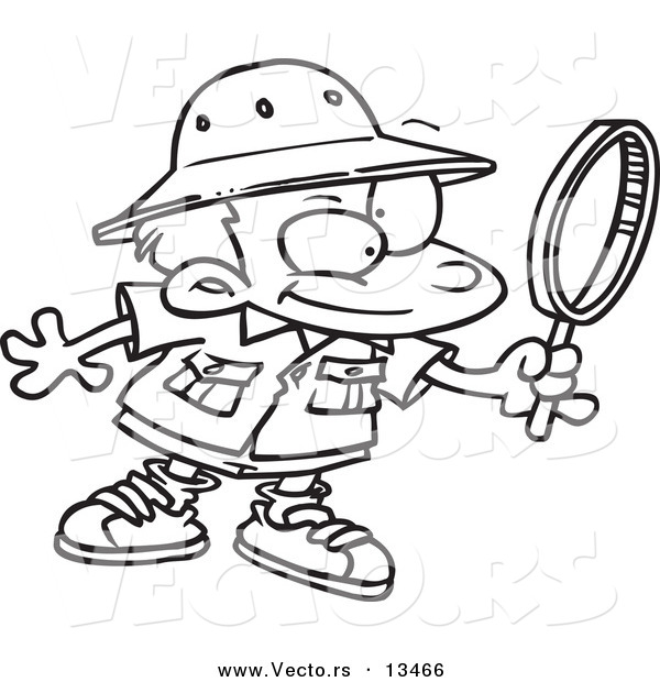 Vector of a Cartoon Archaeology Boy Using a Magnifying Glass - Coloring Page Outline