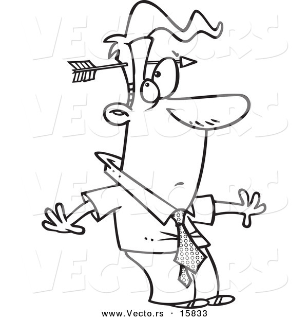 Vector of a Cartoon Arrow Through a Stunned Businessman's Head - Outlined Coloring Page Drawing