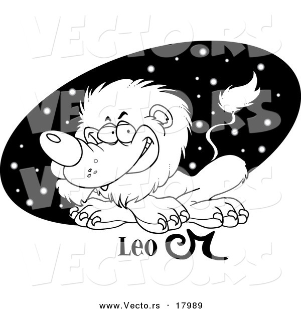 Vector of a Cartoon Astrology Leo Lion over a Black Starry Oval - Outlined Coloring Page