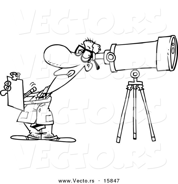 Vector of a Cartoon Astronomer Taking Notes and Peeking Through a Telescope - Outlined Coloring Page Drawing