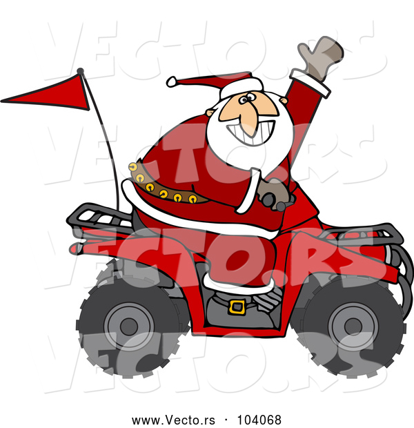 Vector of a Cartoon ATV Santa Waving Hello While Driving Fast