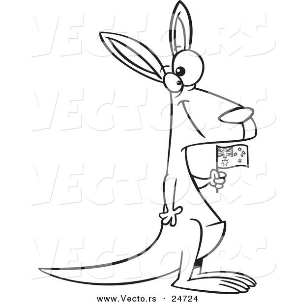 Vector of a Cartoon Aussie Kangaroo Holding a Flag - Outlined Coloring Page