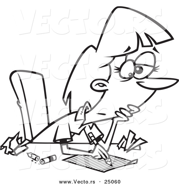 Vector of a Cartoon Author Woman with Writers Block - Outlined Coloring Page